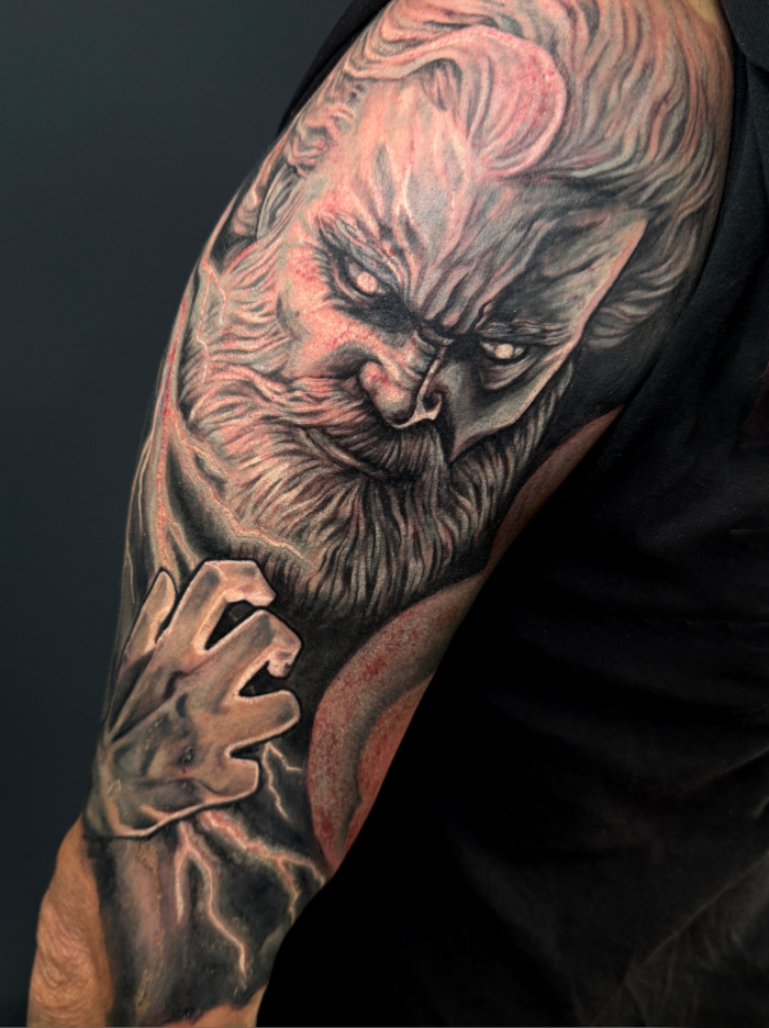 Detailed Zeus thunder god tattoo