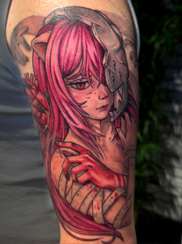 Anime pink hair girl wearing skull mask tattoo